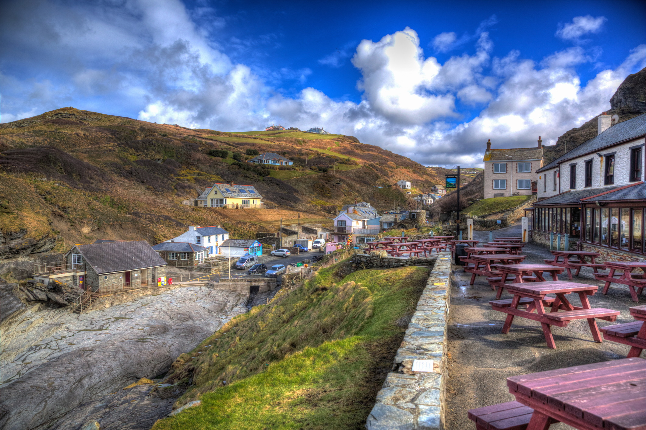 Trebarwith Strand Cornwall England UK coastal village between Tintagel and Port Isaac in colourful HDR